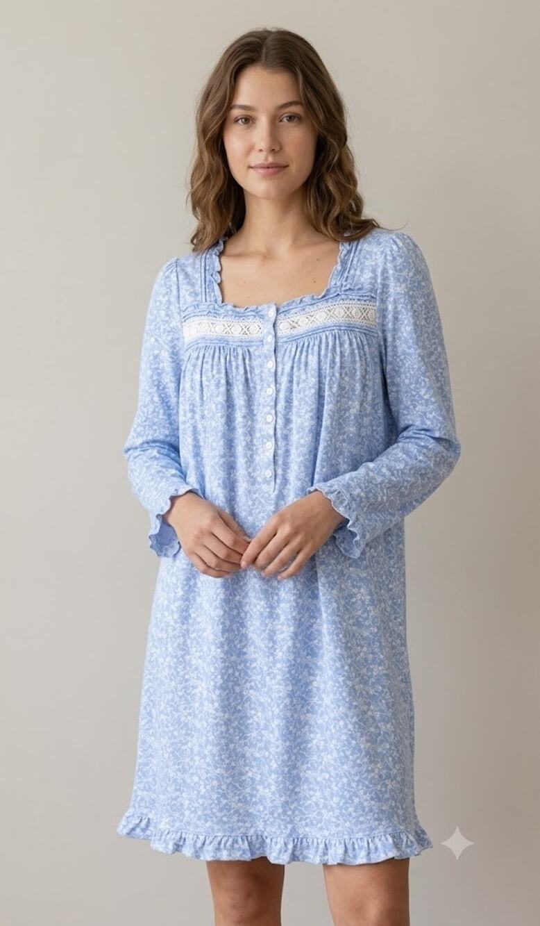 Eileen West Blue Floral Cotton Knit Long Sleeve Short Nightgown Medium